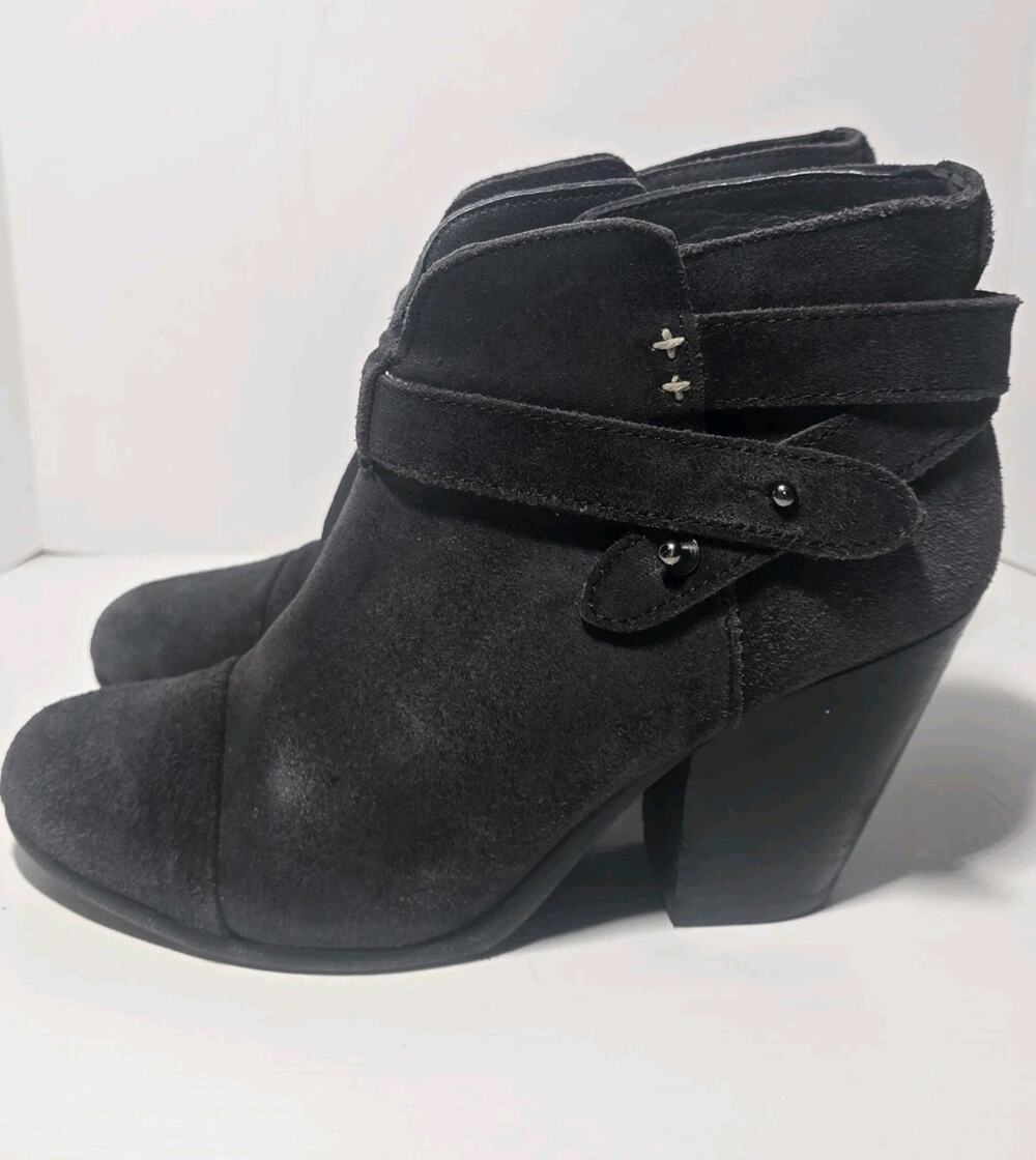Rag & Bone Women's Suede Buckle Block Heel Ankle Boot Black 6.5 Made In Italy